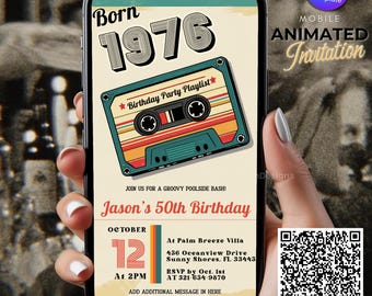 Invitación digital para 50.º cumpleaños, invitación a una fiesta retro de los 70, plantilla editable de Canva de 1976, descarga vintage para hombre o mujer.