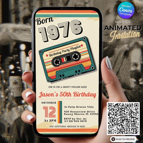 50th Birthday Digital Invitation, Back to 70’s Retro Party Invite, Back in 1976 Editable Canva Template, Vintage Download for Men or Women