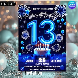 13th Birthday Invitation Neon Glow, Teen Birthday Party Invite, Editable Canva Template, Blue Birthday Invitation Printable for Boys or Girl