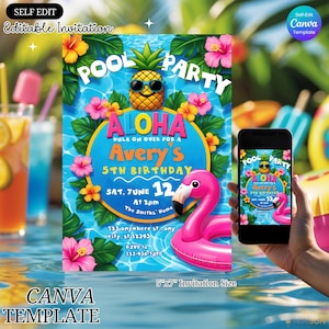 Zaproszenie na urodziny Aloha Pool Party – edytowalny szablon Summer Luau, wydrukowalna hawajska impreza plażowa, zaproszenie na imprezę Pineapple Luau dla dzieci