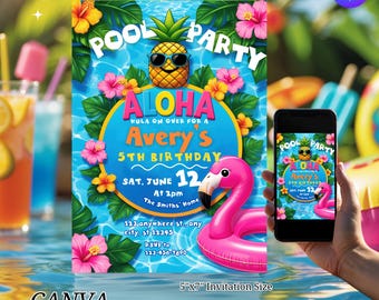 Aloha Pool Party Birthday Invitation – Editable Summer Luau Template, Printable Hawaiian Beach Party, Pineapple Luau Party Invite for Kids