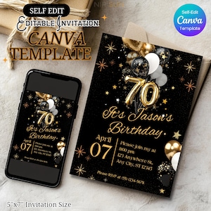 Elegante invitación de 70 cumpleaños para él o ella con globos negros y dorados, sorpresa de 70 años, plantilla de Canva editable para fiesta de hito