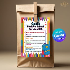 God’s Survival Kit Gift Tag, Printable Back to School Tag, Christian First Day Gift, Sunday School Survival Kit, Editable Instant Download