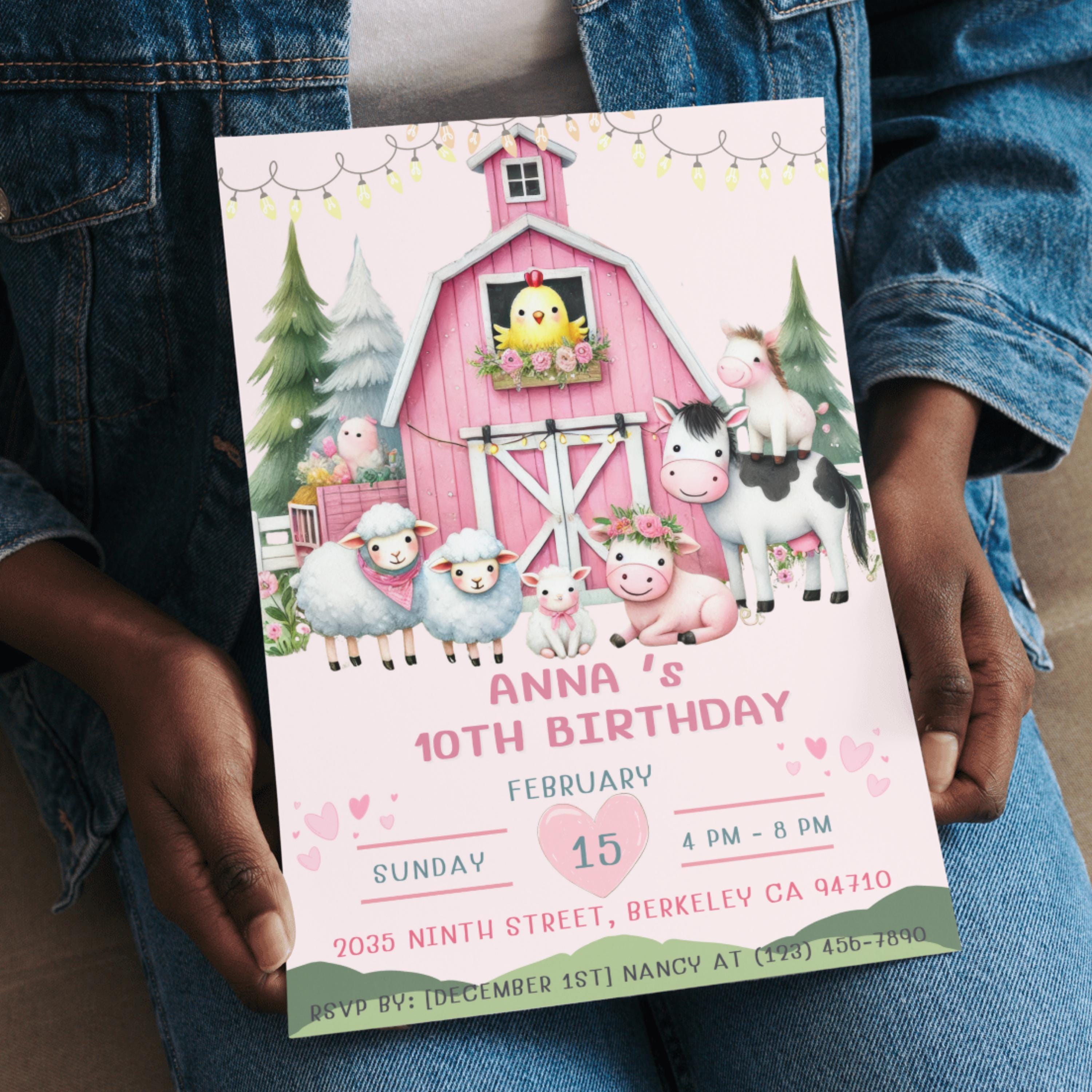 Editable Pink Farm Birthday Invitation Template, Pink Barnyard Theme ...