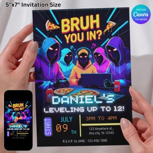 ネオン ゲーマーの誕生日招待状、BRUH You In? ビデオゲーム パーティー、編集可能な Canva テンプレート、デジタル ダウンロード、男の子向けのネオン グロー バースデー カード