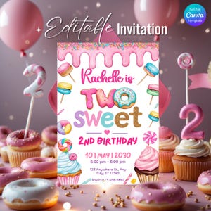2nd Birthday Invitation – Two Sweet Candy Donut Dessert Party for Girls, Editable Canva Template, Digital Download, Printable Invite