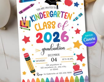 Kindergarten Graduation Invitation, Class of 2026, Colorful School Design (Editable Canva Template) Kindergarten Announcement Party Invite