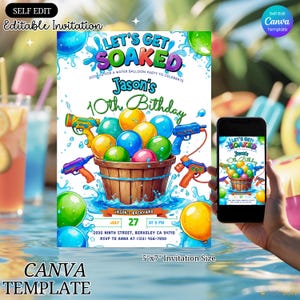 Convite de aniversário com balão d'água, convite com balão d'água, modelo editável do Canva, convite para festa infantil na piscina no verão, cartão com respingos d'água no quintal