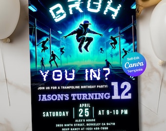 Neon Trampoline Park Birthday Invitation, Jump Party Invite, Editable Canva Template, Boys Glow Party Invite, Bounce House Party Card Decor