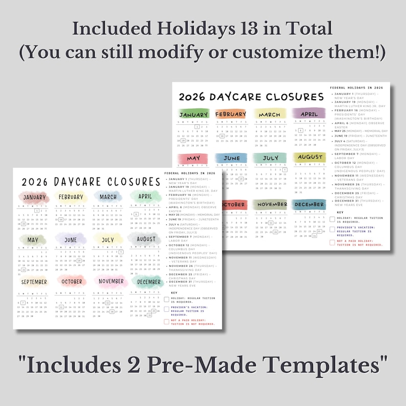 Editable 2026 Daycare Closure Calendar Template, Printable Canva ...