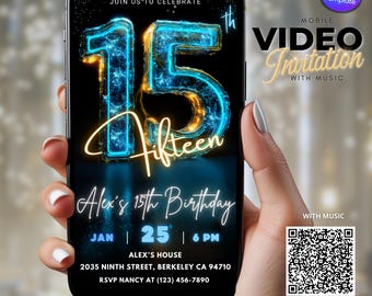 15e verjaardagsuitnodiging: neongloedfeest (bewerkbare canva-sjabloon, digitale video Evite eCard voor jongens en tieners, vijftiende verjaardagsuitnodiging)