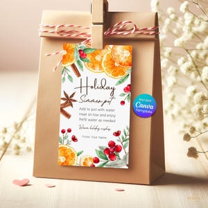 以下が含まれることがあります： 茶色の紙袋に、装飾的なタグが付いています。タグには、オレンジのスライス、シナモンスティック、ベリーの水彩イラストが描かれており、「Holiday Simmer Pot」の文字が書かれています。木製のクリップと紐でタグが固定されています。