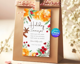 Holiday Simmer Pot Gift Tag, Editable Holiday Simmer Pot Instructions, Orange Cinnamon Favor, Printable Template,  DIY Potpourri Favor Tag