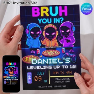 Gaming-Geburtstagseinladung, BRUH You In? Videospiel-Party einladen, bearbeitbare Canva-Vorlage, digitaler Download, Neon Gamer Level Up-Karte