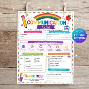 Könnte beinhalten: Ein farbenfrohes, druckbares Kommunikationsformular für die Schule mit Regenbogen-, Bleistift- und Apfelgrafiken. Das Dokument enthält Abschnitte für Schüler- und Elterninformationen, bevorzugte Kontaktmethoden und Kommunikationspräferenzen.