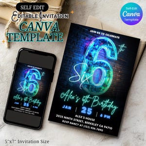 Convite de aniversário de 6 anos neon, convite para festa azul esverdeado neon brilhante, download digital, modelo Canva autoeditável para meninos, aniversariante para impressão