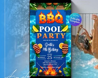 BBQ Pool Party Invitation Digital Summer Birthday BBQ Editable Canva Template Backyard Barbeque Tropical Grill and Swim Animated Phone Evite