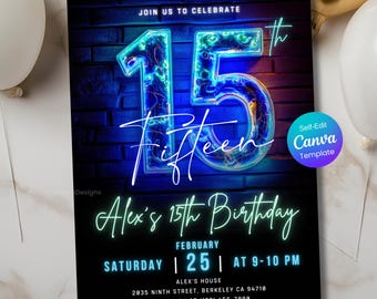 Faire-part 15e anniversaire – fête phosphorescente bleu néon pour garçons, modèle de toile éditable, téléchargement numérique, invitation à une fête d'anniversaire ado imprimable