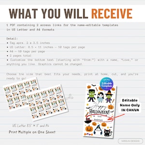 May include: A digital template for Halloween tags featuring cartoon characters like Frankenstein, ghosts, and pumpkins. The text reads WHAT YOU WILL RECEIVE, Happy HALLOWEEN!, and Editable Name Only IN CANVA. Includes 2 x 3.5 inch tag dimensions.