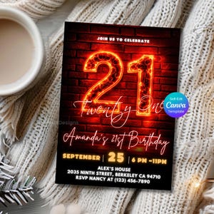 21e verjaardagsuitnodiging – neonrode gloed feestsjabloon, bewerkbaar canvasontwerp, rode en zwarte glitterglamour, digitale download, afdrukbare uitnodiging afbeelding 8