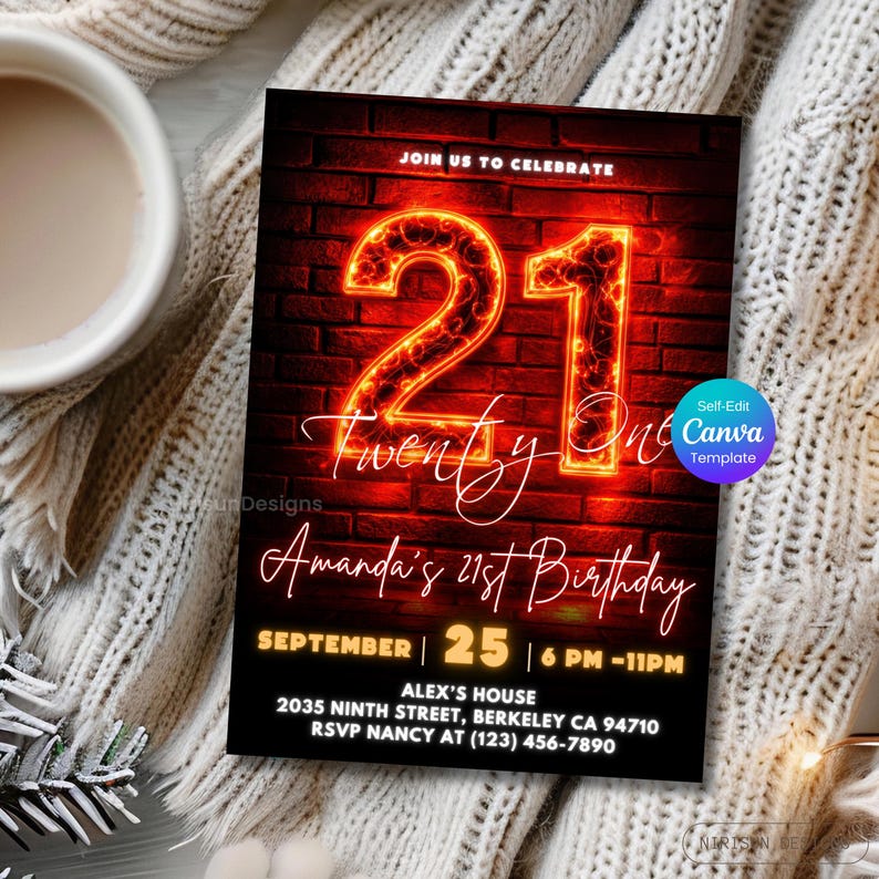 21e verjaardagsuitnodiging – neonrode gloed feestsjabloon, bewerkbaar canvasontwerp, rode en zwarte glitterglamour, digitale download, afdrukbare uitnodiging afbeelding 8