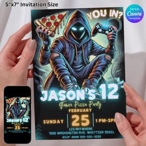 Invitations de fête de jeu vidéo et de pizza, invitation d'anniversaire de joueur, modèle modifiable de toile, téléchargement numérique, carte d'invitation de partie de jeu néon
