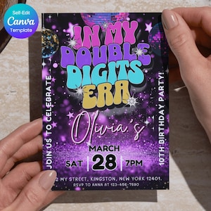 Modèle d'invitation modifiable à l'ère du double chiffre, 10e anniversaire, paillettes violettes disco époque, modèle d'anniversaire Canva