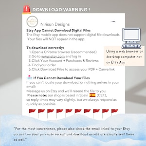Puede incluir: Un gr&aacute;fico blanco con texto sobre descargas de archivos digitales de Etsy. El texto advierte que la aplicaci&oacute;n de Etsy no admite descargas y proporciona instrucciones para descargar archivos mediante un navegador web. El gr&aacute;fico incluye un icono de ordenador e iconos de banderas rojas.