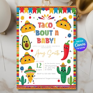 Taco &#39;Bout A Baby Invitation, Fiesta Cactus Baby Shower Invite Mexican Theme Baby Shower Printable, Editable Canva Template Instant Download