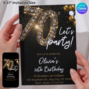 Modelo de convite elegante para o aniversário de 70 anos em ouro preto, convite para festa com glitter de diamante, download digital editável do Canva, cartão de aniversário para adultos