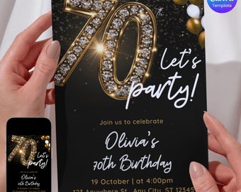 70. Geburtstagseinladungsvorlage, elegante Schwarzgolddiamant-Glitter-Party einladen, bearbeitbarer Canva digitaler Download, Geburtstagskarte für Erwachsene