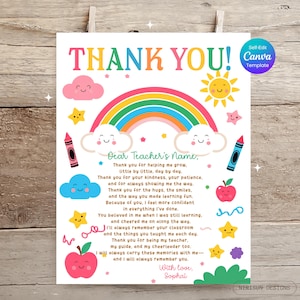 May include: A colorful thank you card with a rainbow, smiling sun, clouds, stars, and apples. The text reads "THANK YOU!" and includes a personalized message for a teacher. The card is a Canva template.