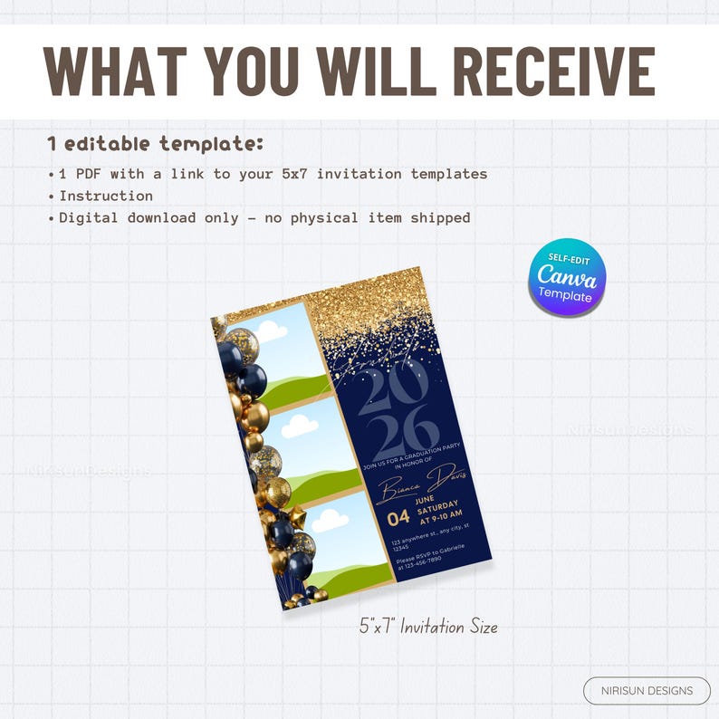May include: A digital graduation party invitation template with a navy blue and gold glitter design. The invitation is 5x7 inches and includes space for photos. The text reads "2026" and "June 04 Saturday at 9-10 AM".