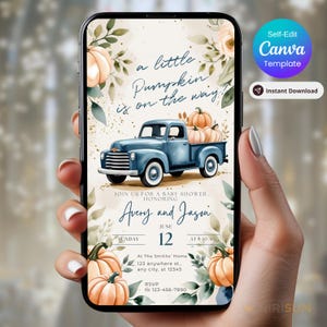Celebrate your autumn baby shower with this cozy and charming "A Little Pumpkin is on the Way" animated invitation template! Featuring a vintage blue pickup truck, watercolor pumpkins, and soft fall florals, this editable Canva design is the perfect digital invite for a rustic or seasonal shower.