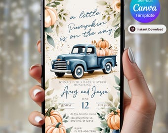 Little Pumpkin Baby Shower Invitation, Editable Blue Truck Fall Shower Digital Invite, Autumn Baby Shower Canva Template, Instant Download