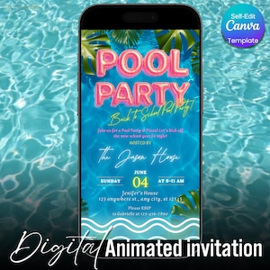 Pool Party Invitation Animated Tropical Beach Birthday Digital Invite End of Summer Back to School Pool Party Evite for Teens Girls Template