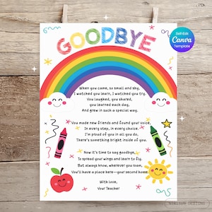 以下が含まれることがあります： 虹、太陽、リンゴのイラストが描かれたカラフルなグッバイカード。「GOODBYE」の文字が上部にあります。先生から生徒への詩が書かれています。Canvaテンプレートです。