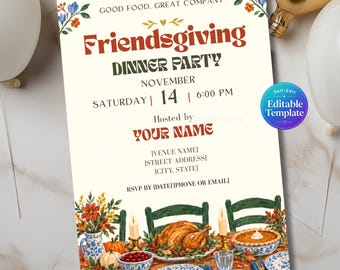 Friends Thanksgiving Invitation, Editable Fall Dinner Party Invite, Harvest Dinner Invitation, Printable Digital Template, Digital invite