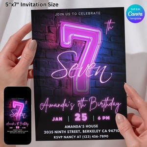Neon Pink 7th Birthday Invitation Template, Editable Canva, Girls 7th birthday Party Invite, Glow Party Theme Invite, Digital Download