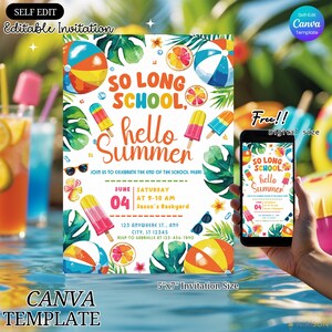 Modèle d'invitation à une fête d'été de fin d'école, toile modifiable, si longtemps l'école bonjour l'été, invitation de coup d'envoi de l'été, invitation à la fête des écoles