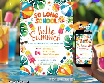 Plantilla de invitación para fiesta de fin de curso de verano editable en Canva, ¡Adiós, escuela, hola, verano!, invitación para el inicio del verano, invitación para la fiesta de fin de curso.