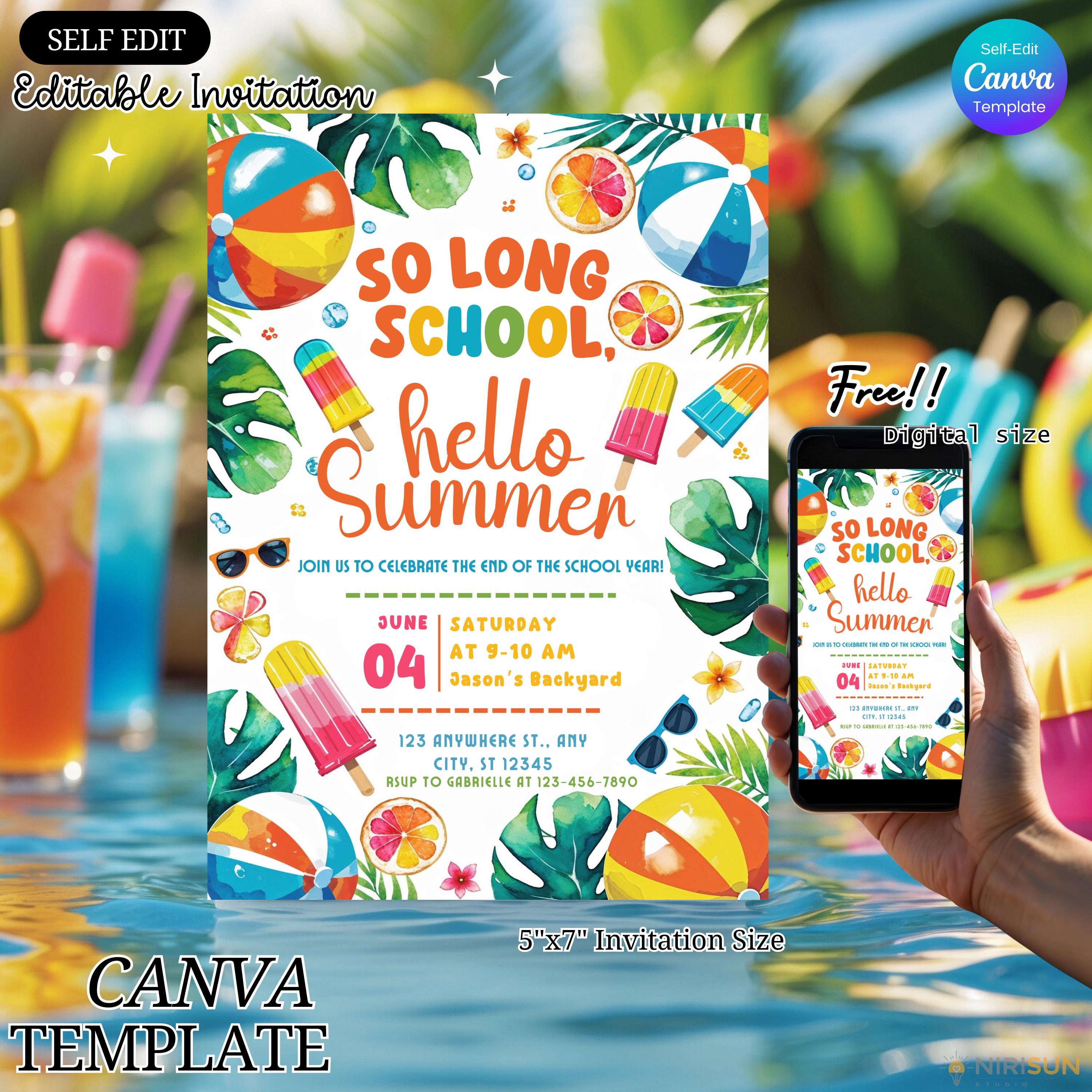 End of School Summer Party Invitation Template Editable Canva, so Long ...