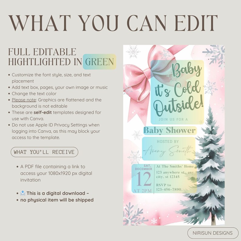 K&ouml;nnte beinhalten: Eine digitale Babyparty-Einladung mit dem Text "Baby it's Cold Outside!" in einer verspielten Schriftart. Das Design zeigt eine rosa Schleife, Schneeflocken und einen Aquarell-Weihnachtsbaum. Die Einladung enth&auml;lt Details f&uuml;r die Veranstaltung.