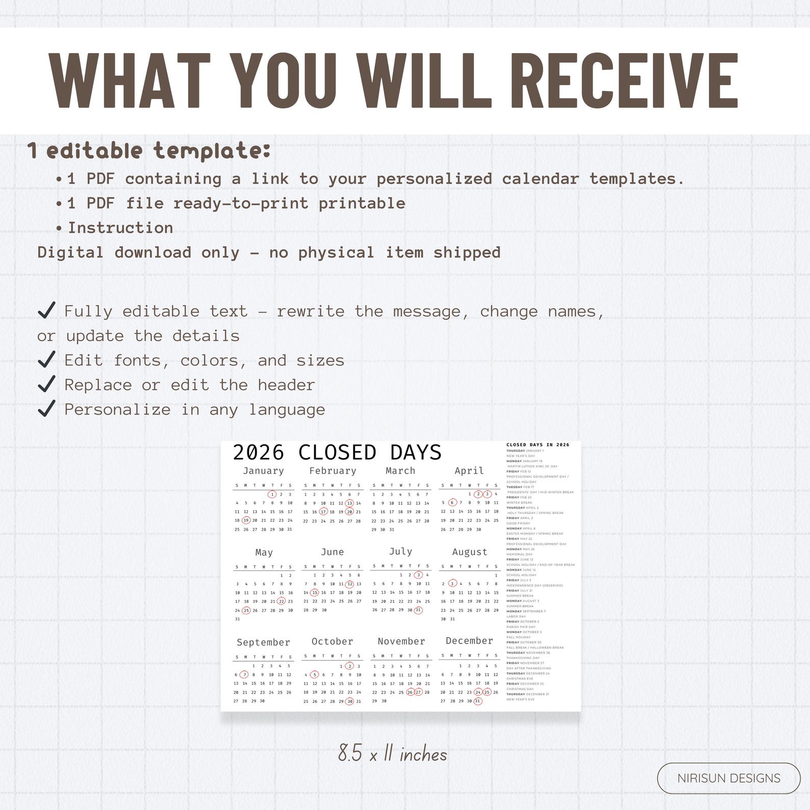 2026 Daycare Closed Days Calendar, Preschool Childcare Holiday Schedule ...