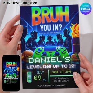 Faire-part d'anniversaire néon gaming, ça vous intéresse ? Invitation à une fête de jeu vidéo, modèle de toile modifiable, téléchargement numérique, carte de niveau supérieur pour joueur néon