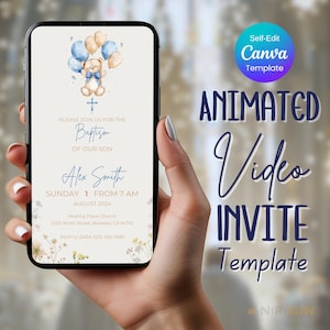 Invito digitale al battesimo, invito al battesimo con tenero orsetto di peluche, invito al battesimo per bambini, invito digitale al battesimo, invito elettronico al battesimo