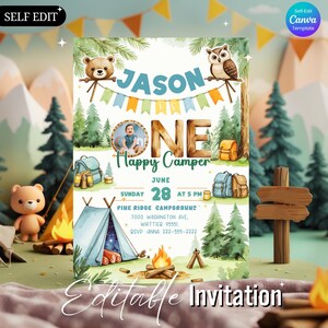 One Happy Camper Birthday Invitation – Boy First Birthday Party, Editable Canva Template, Camping 1st Birthday Invite, Digital Download