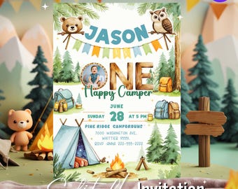 One Happy Camper Birthday Invitation – Boy First Birthday Party, Editable Canva Template, Camping 1st Birthday Invite, Digital Download