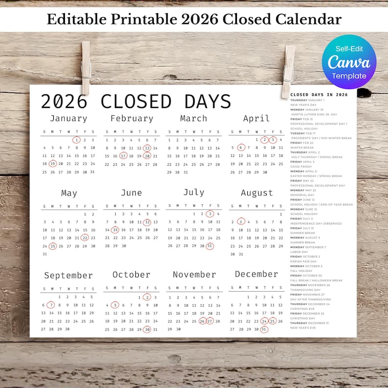 2026 Daycare Closed Days Calendar, Preschool Childcare Holiday Schedule ...
