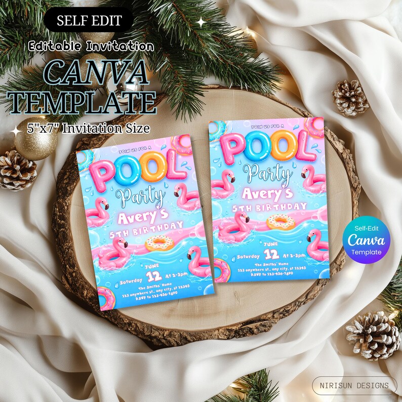 Girls Pool Party Birthday Invitation, Editable Canva Pool Party ...